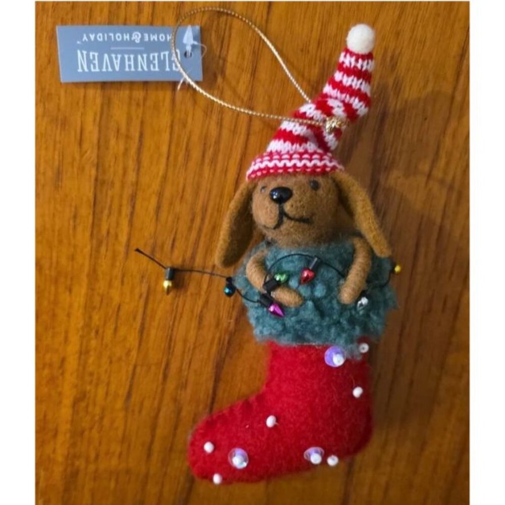 NWT GLENHAVEN FELTED WOOL PUPPY/DOG IN STOCKING ORNAMENT 8"